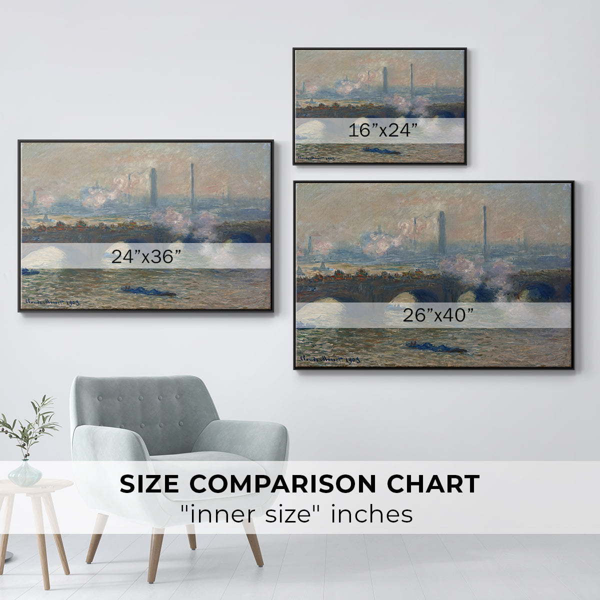 Size comparison chart for black floater framed canvas featuring Waterloo Bridge, Gray Day, 1903 by Claude Monet.