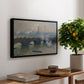 Waterloo Bridge, Gray Day, 1903 by Claude Monet, presented in a black floater framed canvas featuring a muted cityscape of bridge spanning river under overcast sky, displayed above a hallway console table.