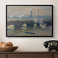 Waterloo Bridge, Gray Day, 1903 by Claude Monet in a black floater framed canvas displayed above a console table in a hallway, featuring a foggy London bridge view with softened architectural forms.