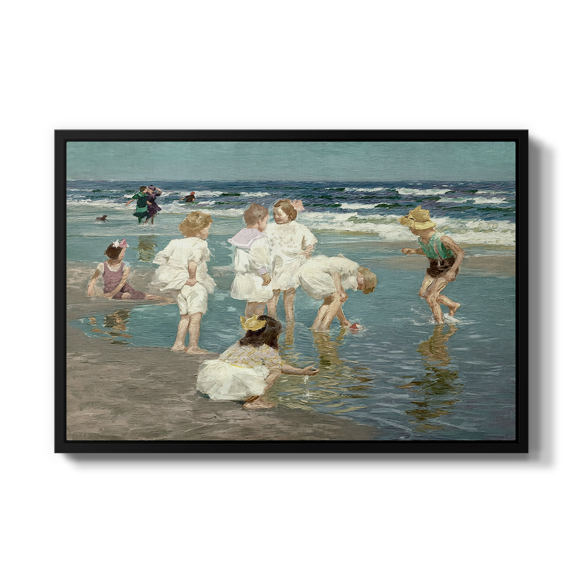 A Holiday, c. 1915 by Edward Henry Potthast in a black floater framed canvas wall art display.