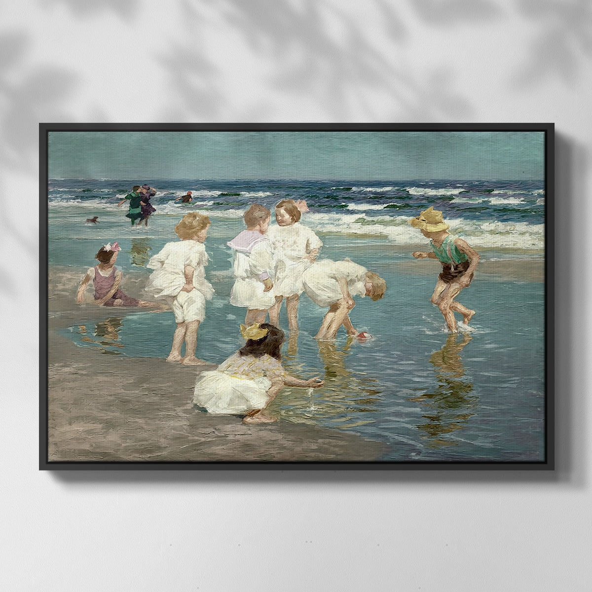 Front view of A Holiday, c. 1915 by Edward Henry Potthast in a black floater framed canvas.
