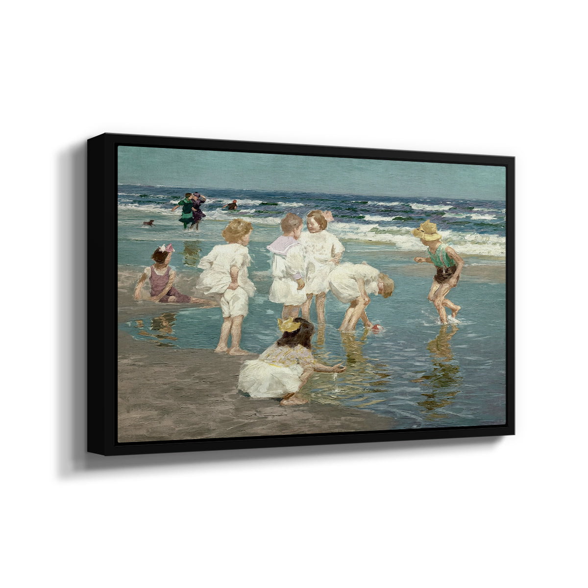 Angled view of A Holiday, c. 1915 by Edward Henry Potthast in a black floater framed canvas.