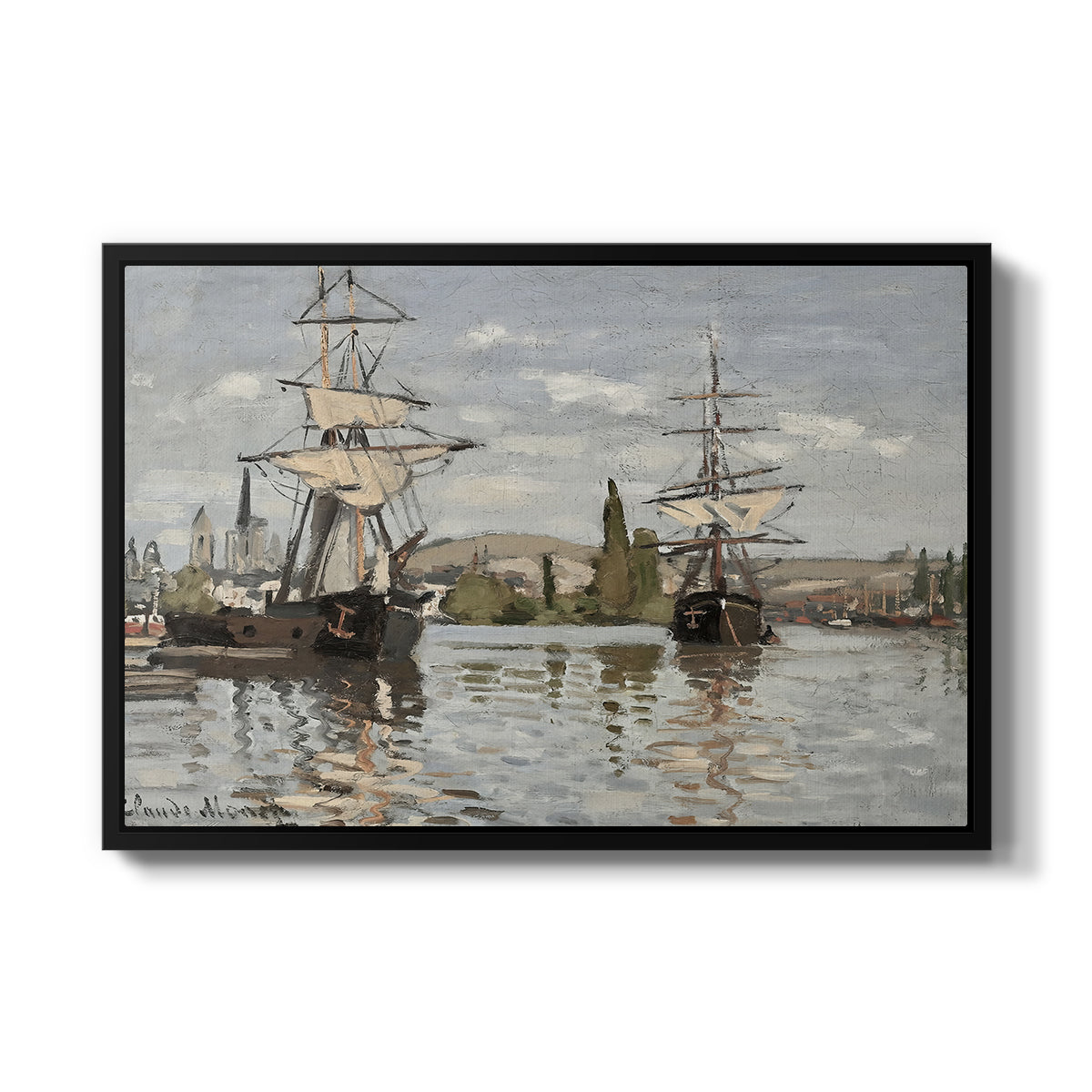 Ships Riding on the Seine at Rouen, 1872 by Claude Monet in a black floater framed canvas wall art display.