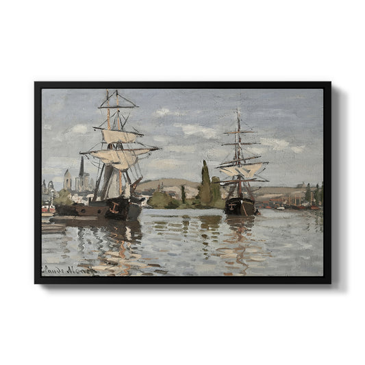 Ships Riding on the Seine at Rouen, 1872 by Claude Monet in a black floater framed canvas wall art display.
