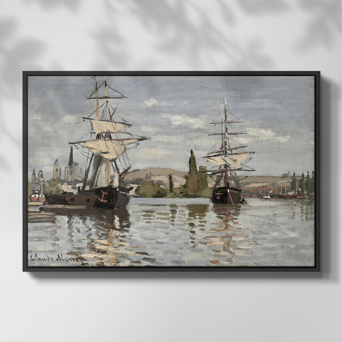 Front view of Ships Riding on the Seine at Rouen, 1872 by Claude Monet in a black floater framed canvas.