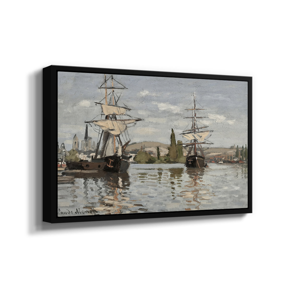 Angled view of Ships Riding on the Seine at Rouen, 1872 by Claude Monet in a black floater framed canvas.