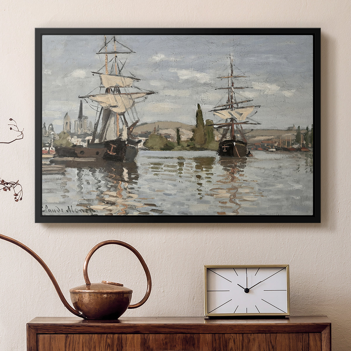 Black floater framed canvas featuring a harbor view with tall ships lining the waterfront in muted tones, displayed above a cabinet in a soft-toned living room.