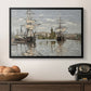 Ships Riding on the Seine at Rouen, 1872 by Claude Monet in a black floater framed canvas displayed above a console table in a hallway, featuring a nautical landscape with vessels resting on calm water.
