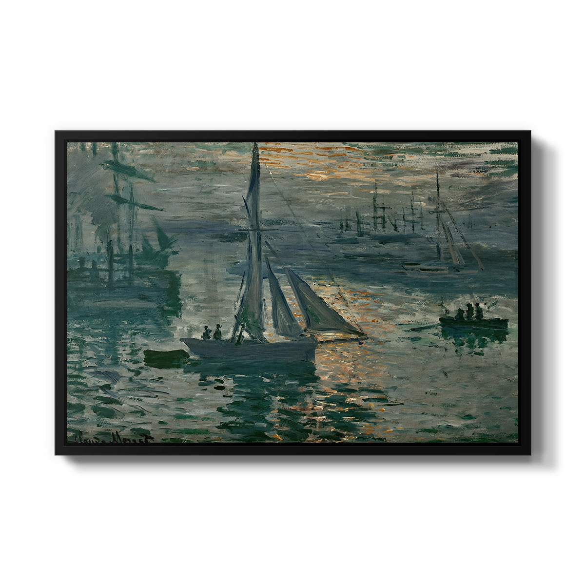 Sunrise (Marine), 1873 by Claude Monet in a black floater framed canvas wall art display.
