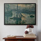 Black floater framed canvas featuring Sunrise (Marine), 1873 by Claude Monet above an entryway table in a minimalist foyer.