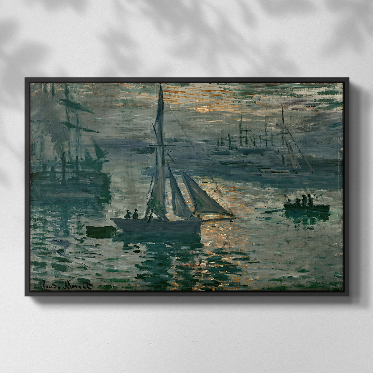Front view of Sunrise (Marine), 1873 by Claude Monet in a black floater framed canvas.