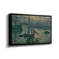 Angled view of Sunrise (Marine), 1873 by Claude Monet in a black floater framed canvas.