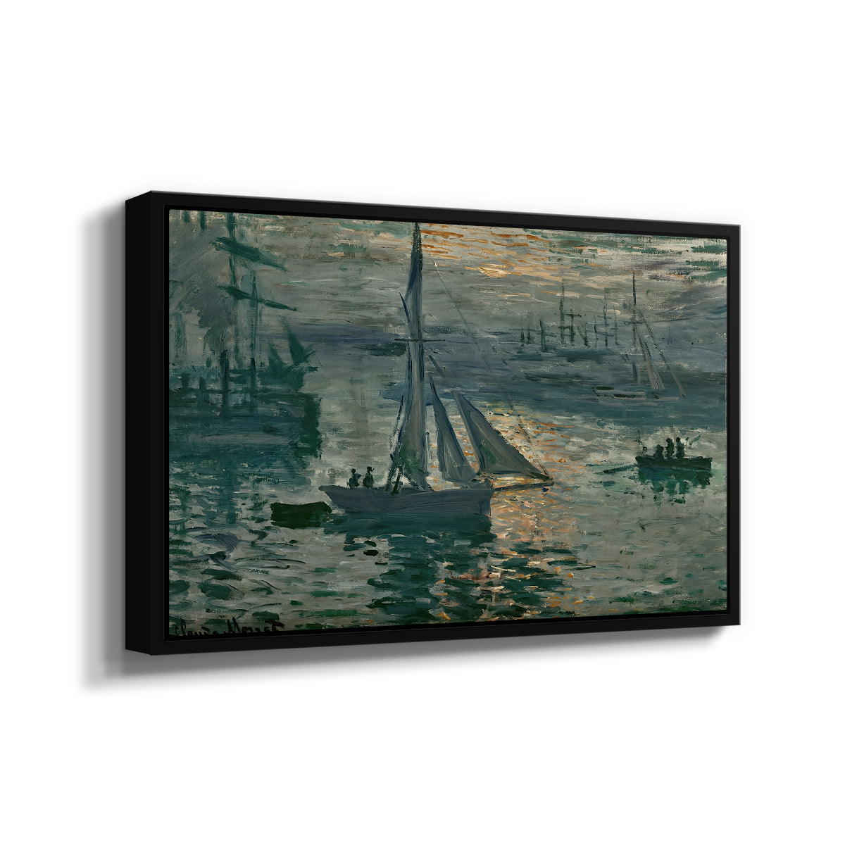 Angled view of Sunrise (Marine), 1873 by Claude Monet in a black floater framed canvas.