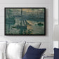 Sunrise (Marine), 1873 by Claude Monet displayed above a sofa in a living room in a black floater frame, featuring an impressionist seascape with glowing sun and misty water.