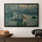 Sunrise (Marine), 1873 by Claude Monet in a black floater framed canvas displayed above a console table in a hallway, featuring an atmospheric ocean view with sun rising through haze.