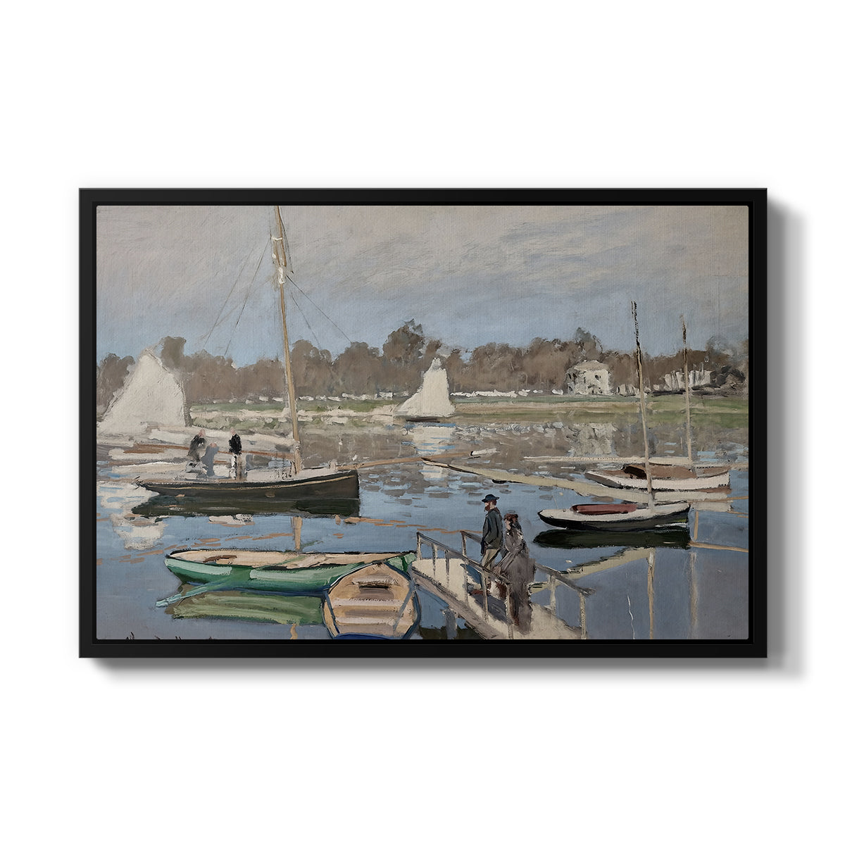 The Basin at Argenteuil, 1874 by Claude Monet in a black floater framed canvas wall art display.