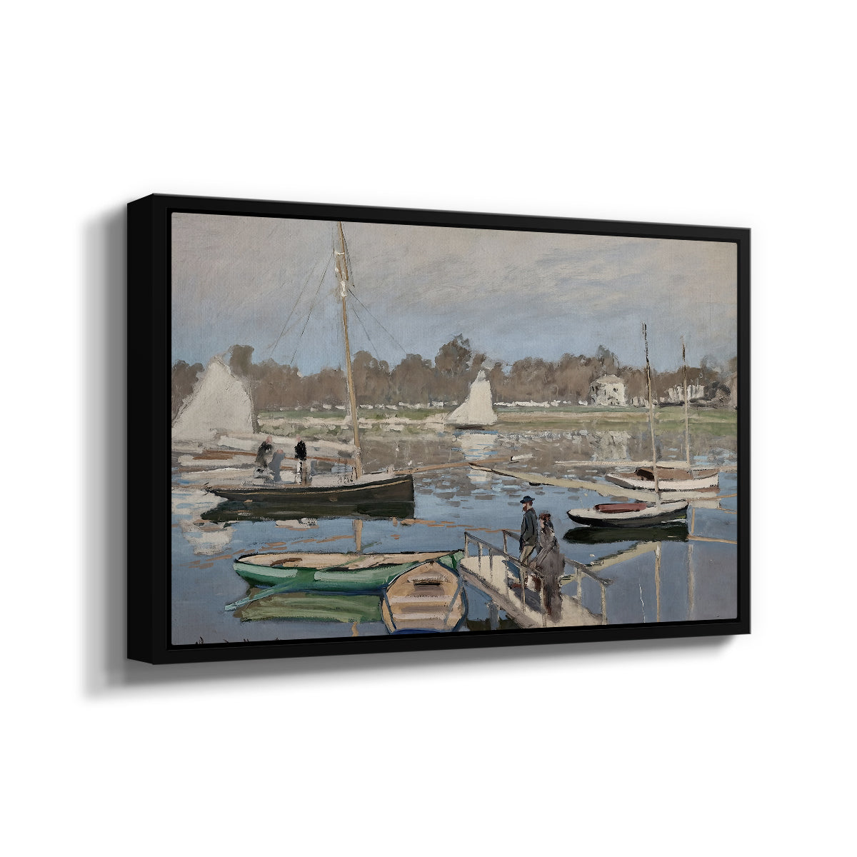 Angled view of The Basin at Argenteuil, 1874 by Claude Monet in a black floater framed canvas.