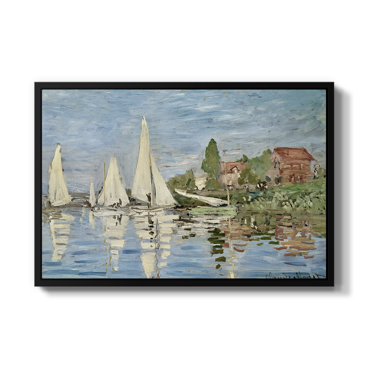 Regatta at Argenteuil, 1872 by Claude Monet in a black floater framed canvas wall art display.
