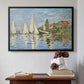 Black floater framed canvas featuring Regatta at Argenteuil, 1872 by Claude Monet above an entryway table in a minimalist foyer.