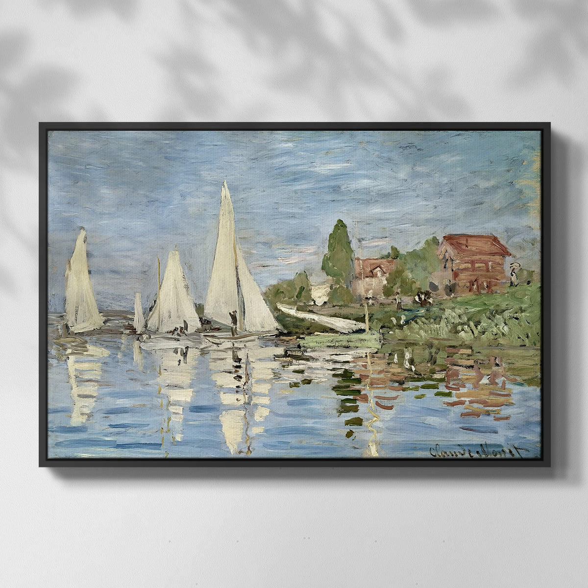 Front view of Regatta at Argenteuil, 1872 by Claude Monet in a black floater framed canvas.