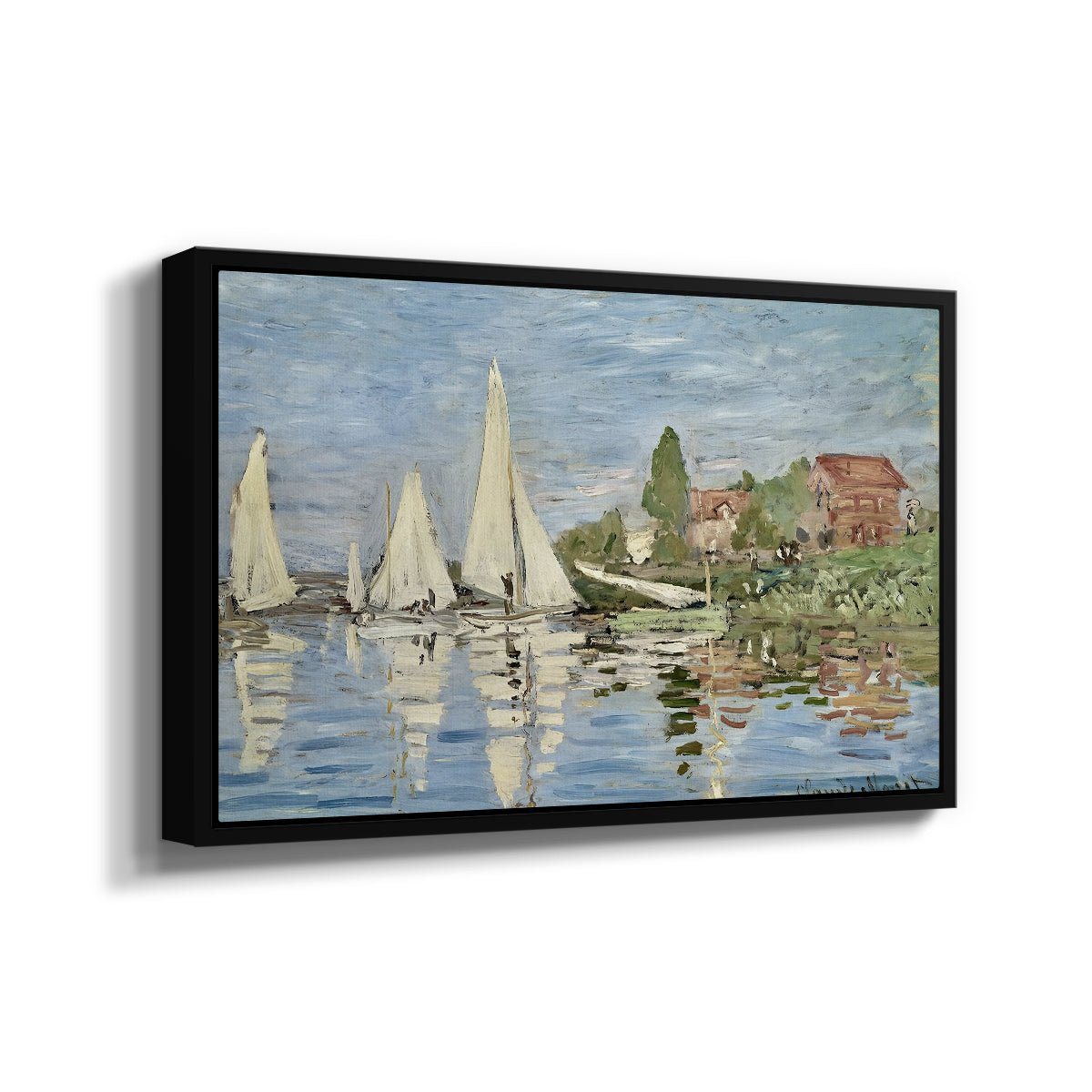 Angled view of Regatta at Argenteuil, 1872 by Claude Monet in a black floater framed canvas.