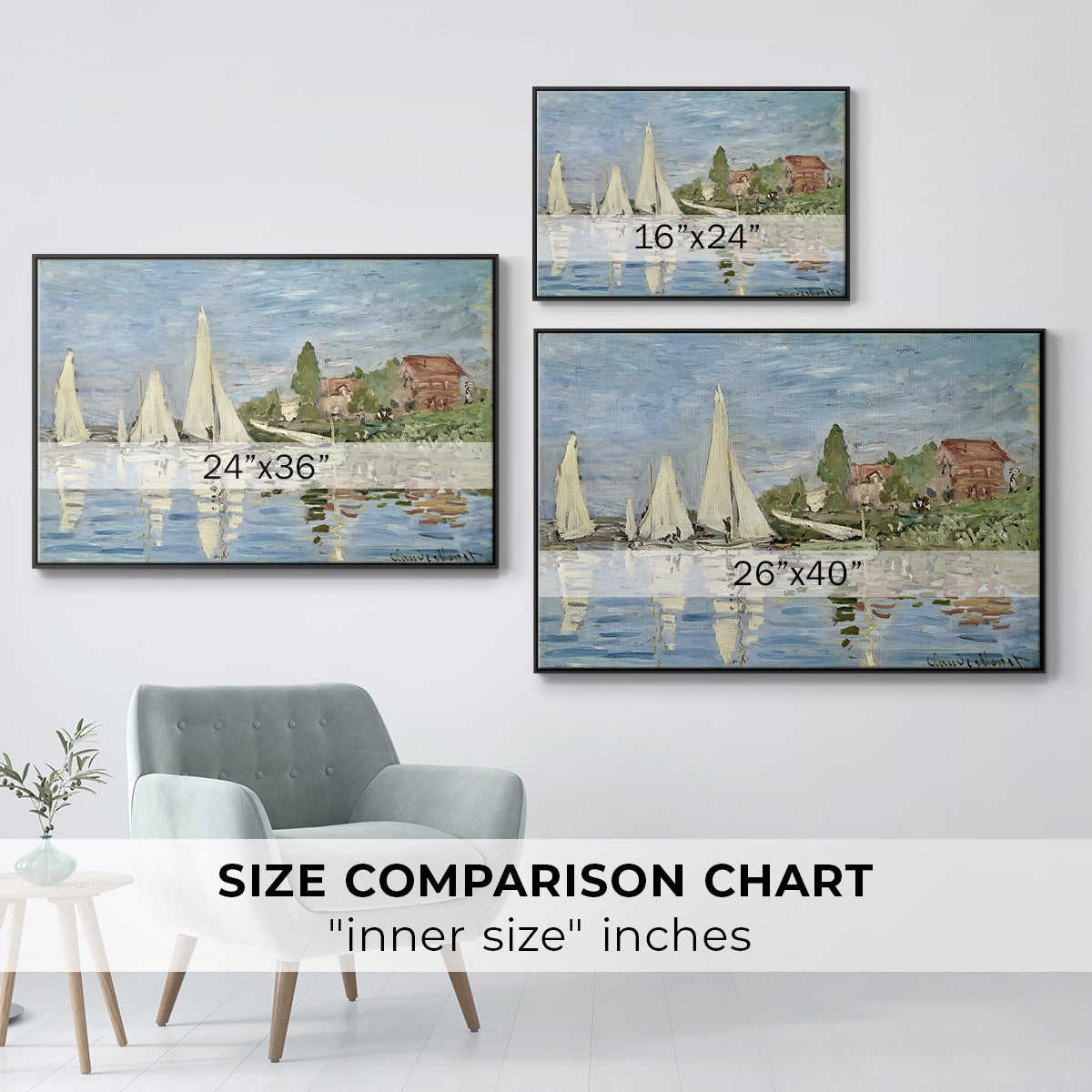 Size comparison chart for black floater framed canvas featuring Regatta at Argenteuil, 1872 by Claude Monet.