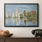 Regatta at Argenteuil, 1872 by Claude Monet in a black floater framed canvas displayed above a console table in a hallway, featuring a dynamic nautical scene with boats moving across river.