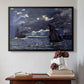Black floater framed canvas featuring A Seascape, Shipping by Moonlight, 1864 by Claude Monet above an entryway table in a minimalist foyer.