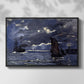 Front view of A Seascape, Shipping by Moonlight, 1864 by Claude Monet in a black floater framed canvas.
