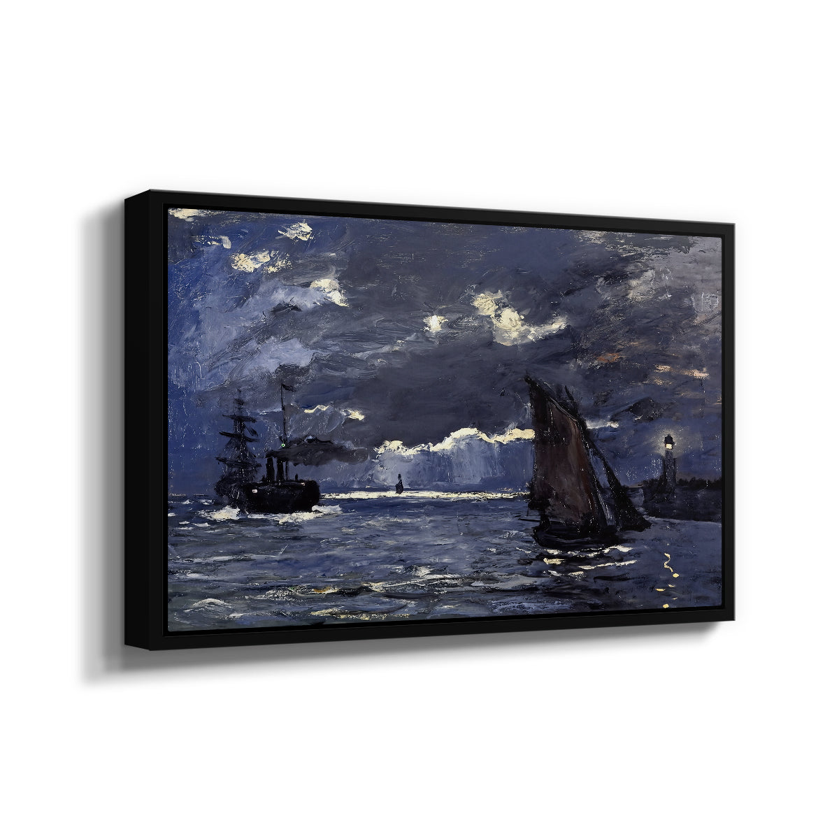 Angled view of A Seascape, Shipping by Moonlight, 1864 by Claude Monet in a black floater framed canvas.