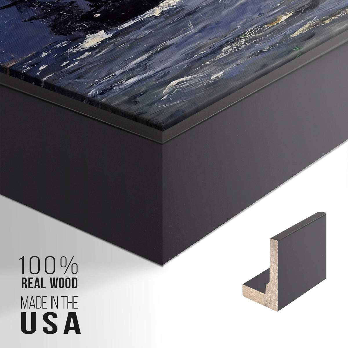 Close-up of the black floater frame corner and gallery wrapped canvas construction.