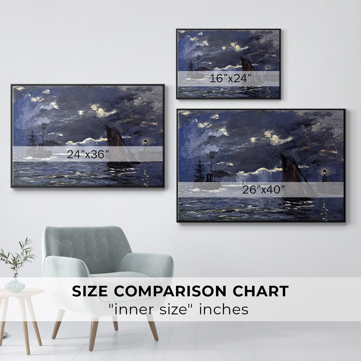 Size comparison chart for black floater framed canvas featuring A Seascape, Shipping by Moonlight, 1864 by Claude Monet.