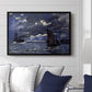 A Seascape, Shipping by Moonlight, 1864 by Claude Monet displayed above a sofa in a living room in a black floater frame, featuring a nocturnal seascape with boats silhouetted against glowing moon.