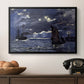 A Seascape, Shipping by Moonlight, 1864 by Claude Monet in a black floater framed canvas displayed above a console table in a hallway, featuring an atmospheric maritime view with ships in moonlit darkness.
