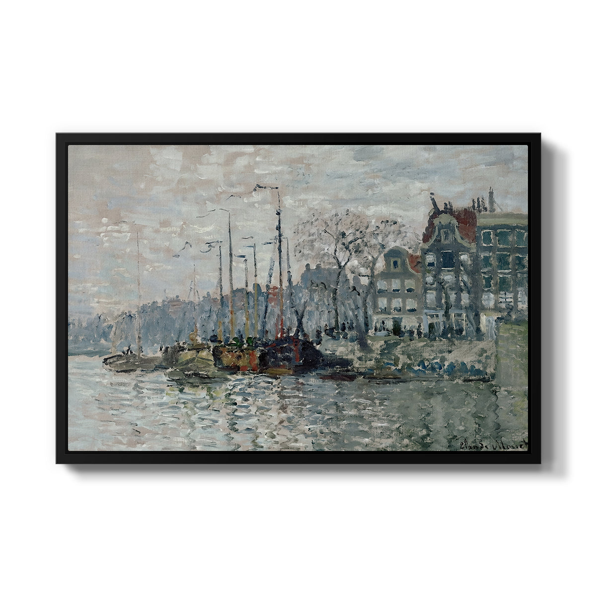 View of the Prins Hendrikkade and Kromme Waal in Amsterdam, 1874 by Claude Monet in a black floater framed canvas wall art display.