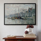 Black floater framed canvas featuring View of the Prins Hendrikkade and Kromme Waal in Amsterdam, 1874 by Claude Monet above an entryway table in a minimalist foyer.