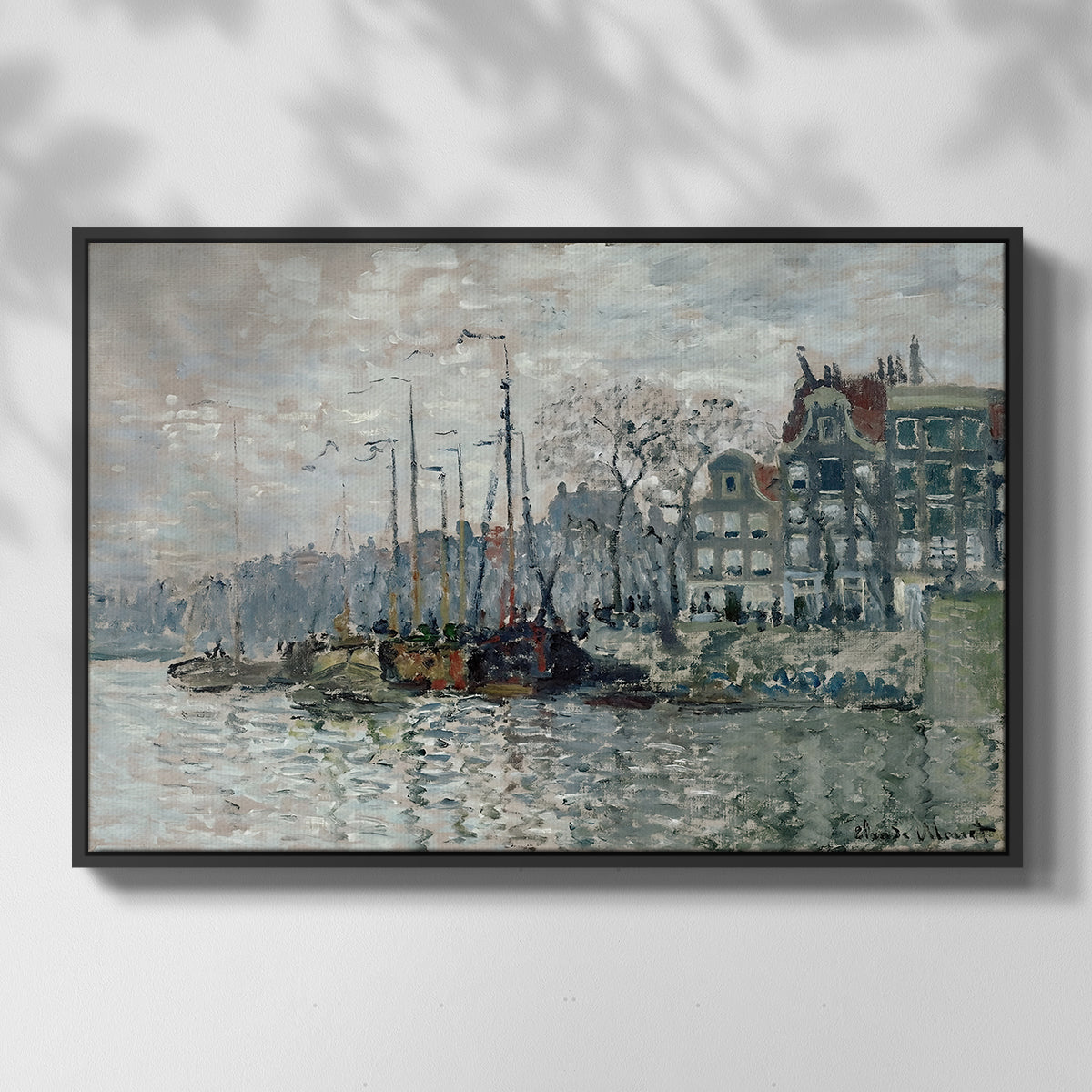 Front view of View of the Prins Hendrikkade and Kromme Waal in Amsterdam, 1874 by Claude Monet in a black floater framed canvas.