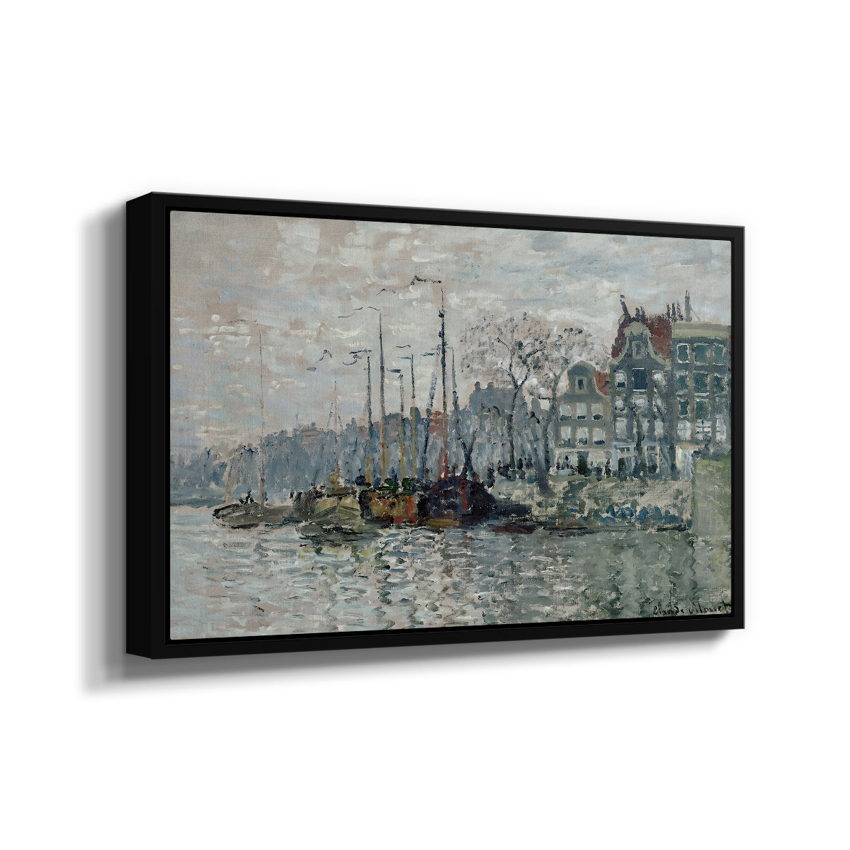 Angled view of View of the Prins Hendrikkade and Kromme Waal in Amsterdam, 1874 by Claude Monet in a black floater framed canvas.