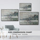Size comparison chart for black floater framed canvas featuring View of the Prins Hendrikkade and Kromme Waal in Amsterdam, 1874 by Claude Monet.