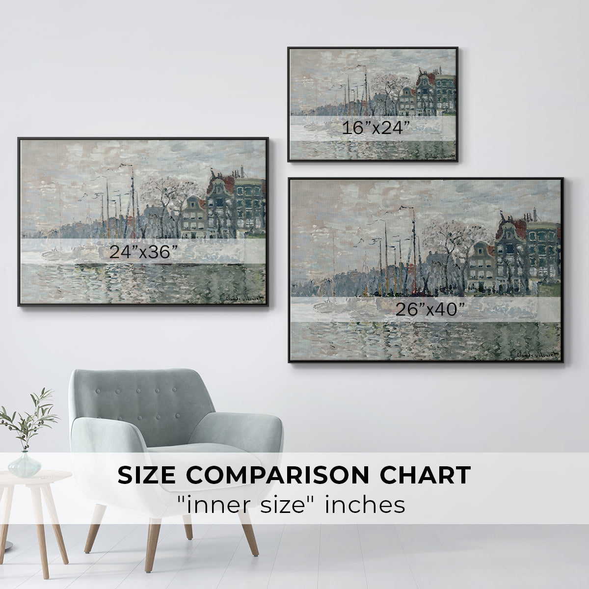 Size comparison chart for black floater framed canvas featuring View of the Prins Hendrikkade and Kromme Waal in Amsterdam, 1874 by Claude Monet.