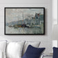 View of the Prins Hendrikkade and Kromme Waal in Amsterdam, 1874 by Claude Monet displayed above a sofa in a living room in a black floater frame, featuring an impressionist cityscape of canal with ships and architecture.