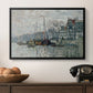 View of the Prins Hendrikkade and Kromme Waal in Amsterdam, 1874 by Claude Monet in a black floater framed canvas displayed above a console table in a hallway, featuring a harbor view with masts, houses, and reflections in water.