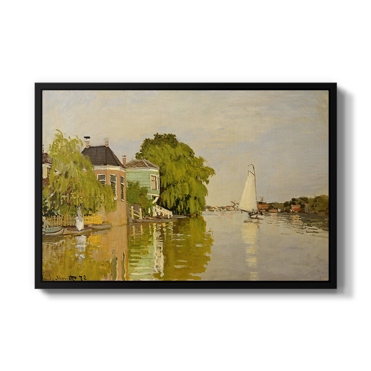 Houses on the Achterzaan, 1871 by Claude Monet in a black floater framed canvas wall art display.