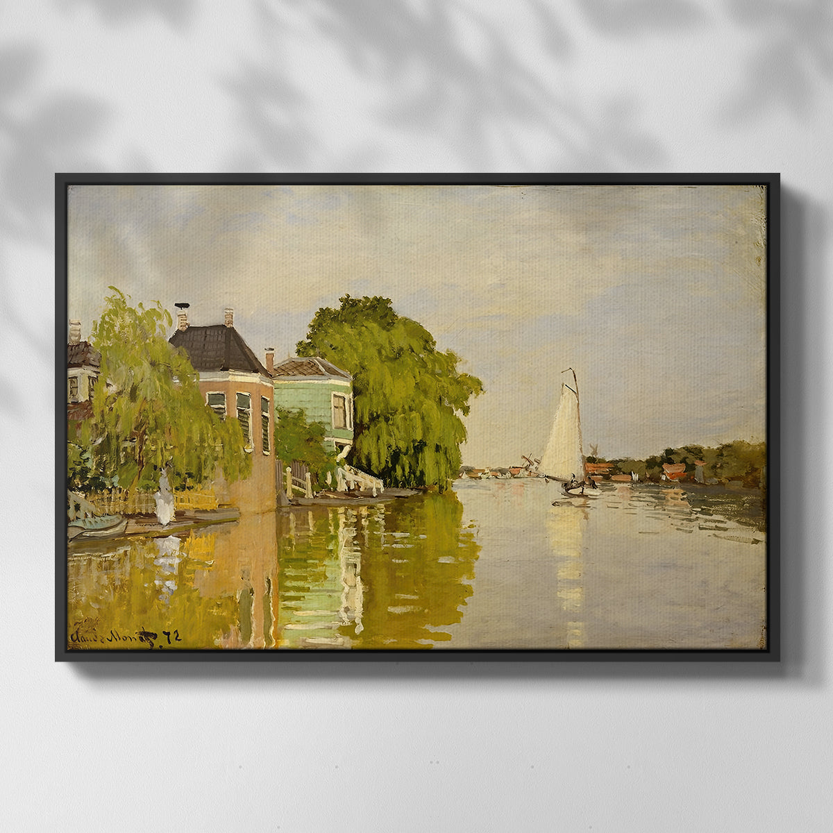 Front view of Houses on the Achterzaan, 1871 by Claude Monet in a black floater framed canvas.