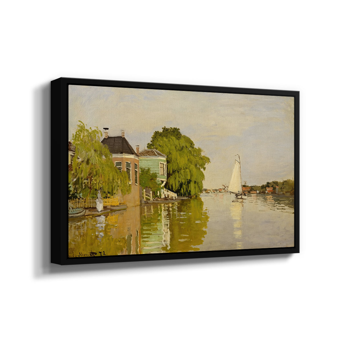 Angled view of Houses on the Achterzaan, 1871 by Claude Monet in a black floater framed canvas.