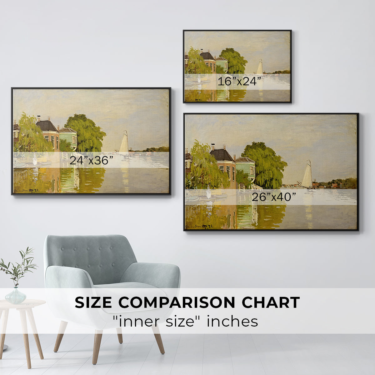 Size comparison chart for black floater framed canvas featuring Houses on the Achterzaan, 1871 by Claude Monet.