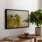 Houses on the Achterzaan, 1871 by Claude Monet, presented in a black floater framed canvas featuring colorful houses reflected in calm river surrounded by greenery, displayed above a hallway console table.