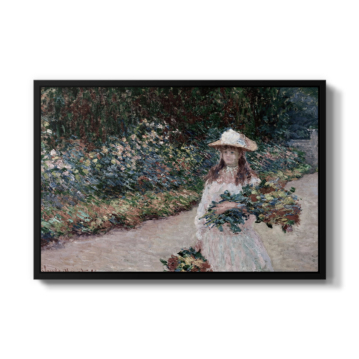 Young Girl in the Garden at Giverny, 1888 by Claude Monet in a black floater framed canvas wall art display.