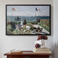 Black floater framed canvas featuring Garden at Sainte-Adresse, 1867 by Claude Monet above an entryway table in a minimalist foyer.