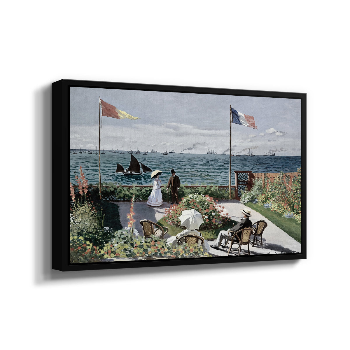 Angled view of Garden at Sainte-Adresse, 1867 by Claude Monet in a black floater framed canvas.